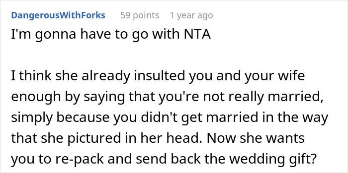 Aunt Asks Couple To Return Wedding Gift Because She Doesn&rsquo;t View Their Marriage As Real 