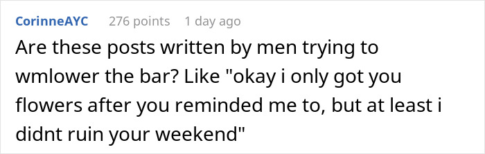 Comment humorously questioning if some posts lower standards for a husband&rsquo;s surprise on Mother's Day.