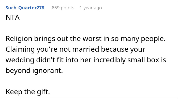 Aunt Asks Couple To Return Wedding Gift Because She Doesn&rsquo;t View Their Marriage As Real 