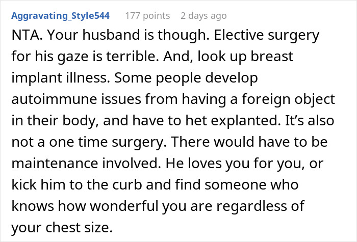 Woman’s Husband Keeps Advocating For Breast Implants For Her, She Finally Snaps Woman’s Husband Keeps Advocating For Breast Implants For Her, She Finally Snaps