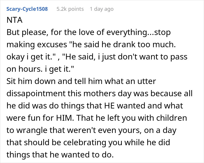 Comment criticizing a husband's disappointing Mother's Day surprise for his wife, describing selfish behavior.