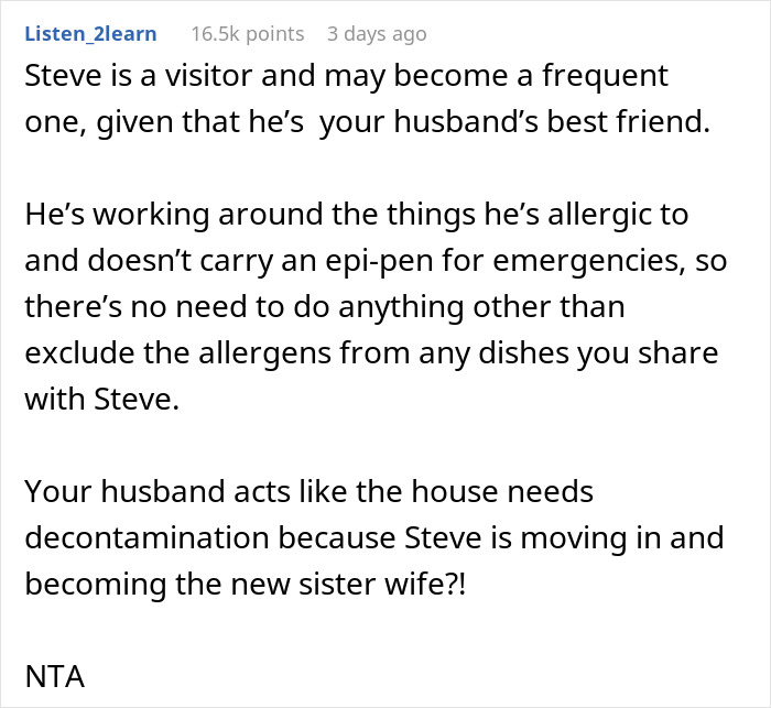 Man Puts Friend's Food Allergies Above Spouse's, So They Refuse To Get Rid Of Allergens At Home