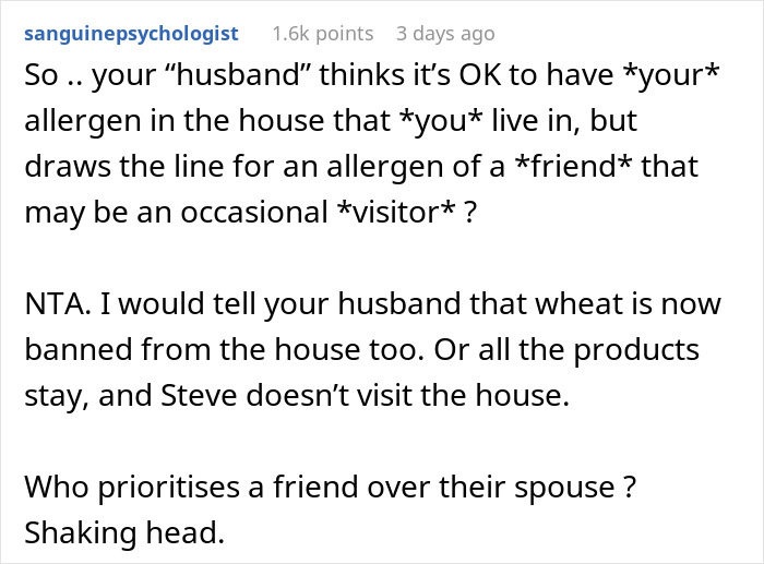 Man Puts Friend's Food Allergies Above Spouse's, So They Refuse To Get Rid Of Allergens At Home