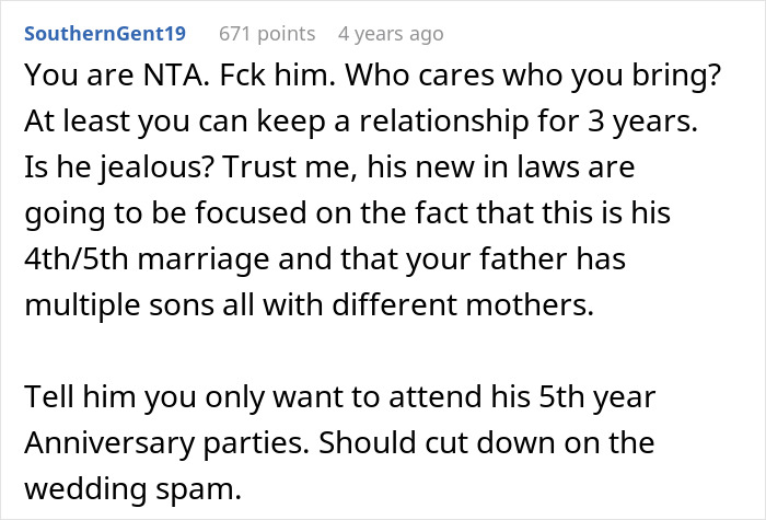 Man Upset Daughter Says She’ll Skip His 5th Wedding And Will Catch The Next As Her BF Isn’t Invited Man Upset Daughter Says She’ll Skip His 5th Wedding And Will Catch The Next As Her BF Isn’t Invited