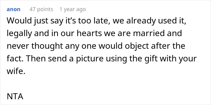 Aunt Asks Couple To Return Wedding Gift Because She Doesn&rsquo;t View Their Marriage As Real 