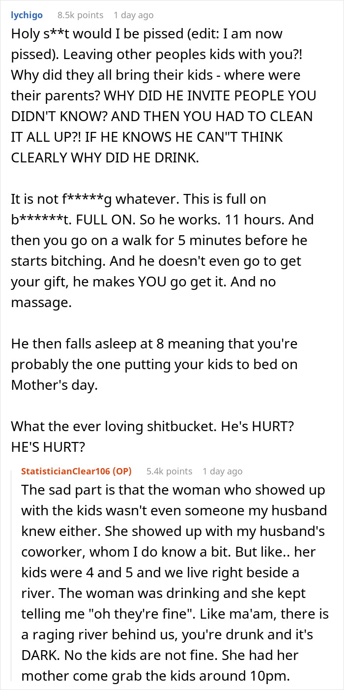 Text exchange highlighting a husband's ignorant surprise weekend failure for his wife on Mother's Day.