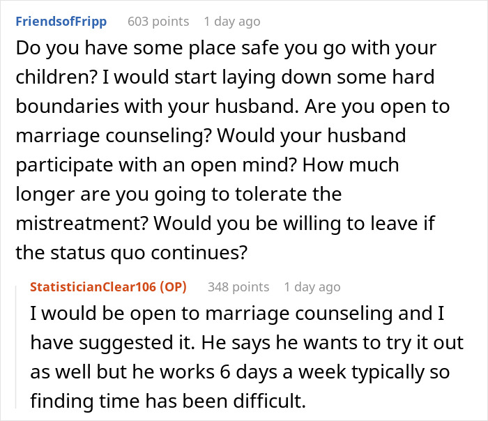 Reddit conversation about an ignorant husband's impact on his wife's feelings, discussing boundaries and marriage counseling.