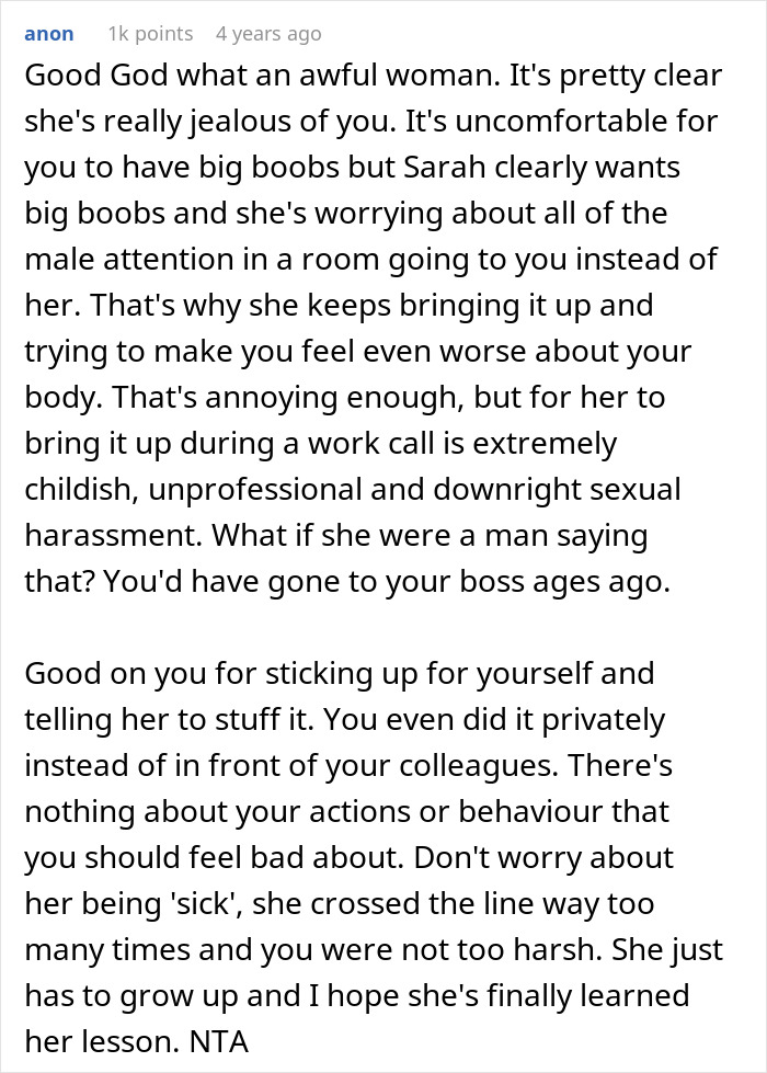 Coworker Keeps Mocking Woman Over Her Large Chest, It Finally Backfires On Her