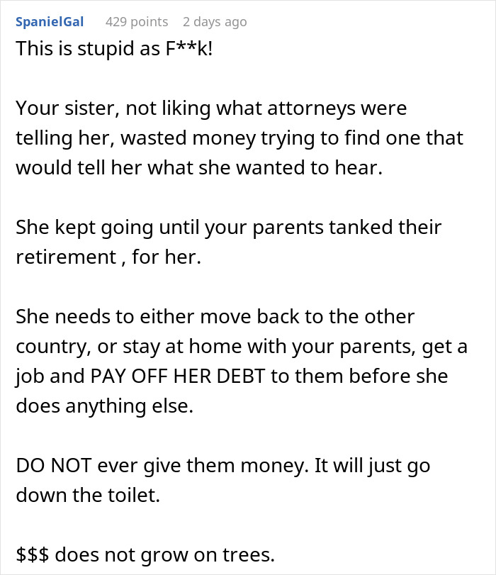 “This Is Insane”: Family Demands Person Go Into Debt To Help Sister Out With Legal Bills “This Is Insane”: Family Demands Person Go Into Debt To Help Sister Out With Legal Bills