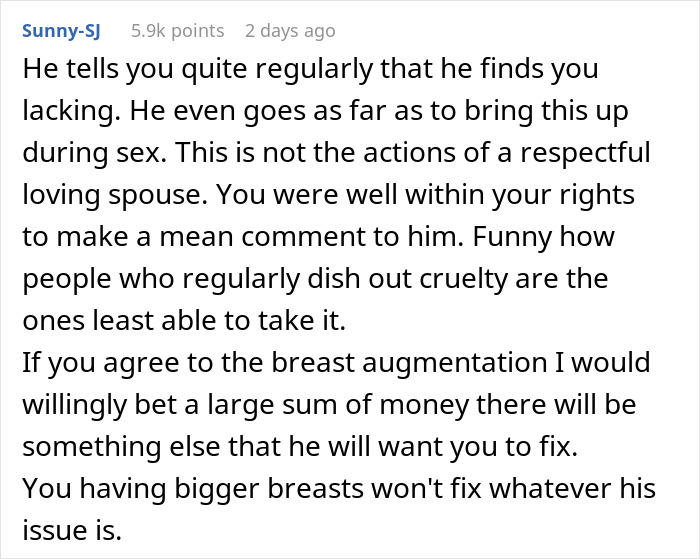 Woman’s Husband Keeps Advocating For Breast Implants For Her, She Finally Snaps Woman’s Husband Keeps Advocating For Breast Implants For Her, She Finally Snaps