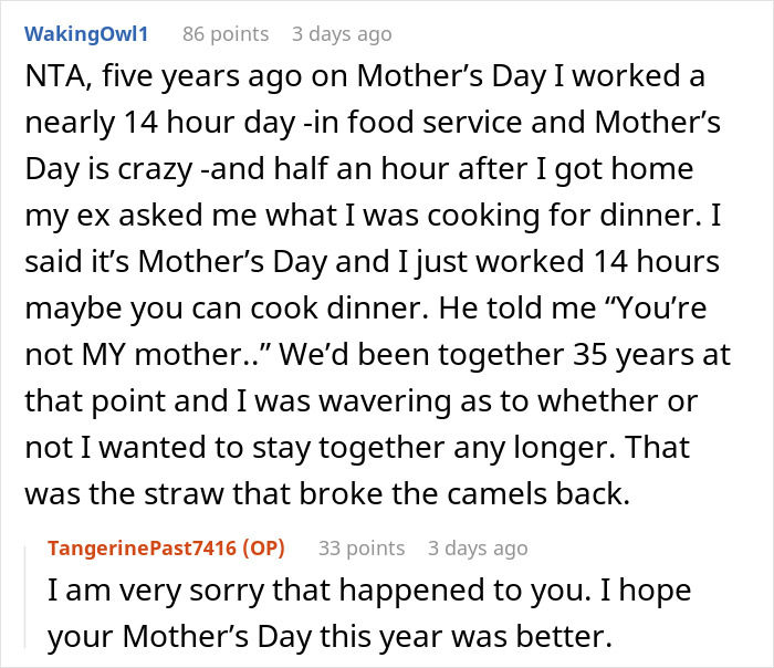 Reddit comment about a husband telling his wife "You aren't my mother" on Mother's Day, causing her distress. Reddit comment about a husband telling his wife "You aren't my mother" on Mother's Day, causing her distress.