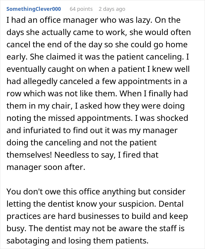 Dental Staff Who Want To Go Home Early Sneakily Change Woman's Appointments, She Gets Revenge