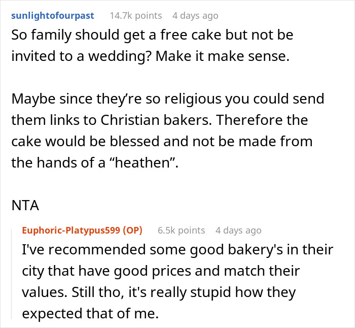 Woman Isn&rsquo;t Invited To A Wedding Because She&rsquo;s A &ldquo;Sinner&rdquo;, Gets Asked To Bake A Cake For It