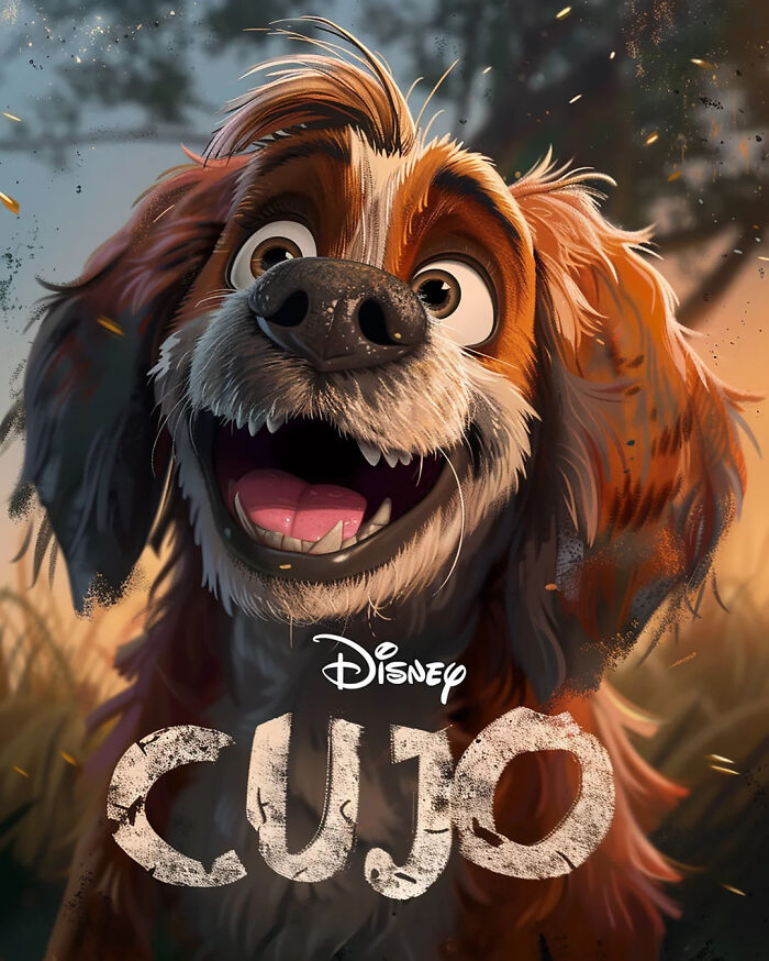 Disney adaptation poster featuring an animated dog resembling Cujo in a forest setting.