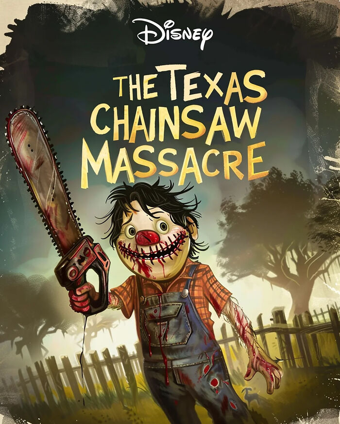 Disney adaptation of Texas Chainsaw M******e with cartoon character holding a chainsaw in a creepy setting.