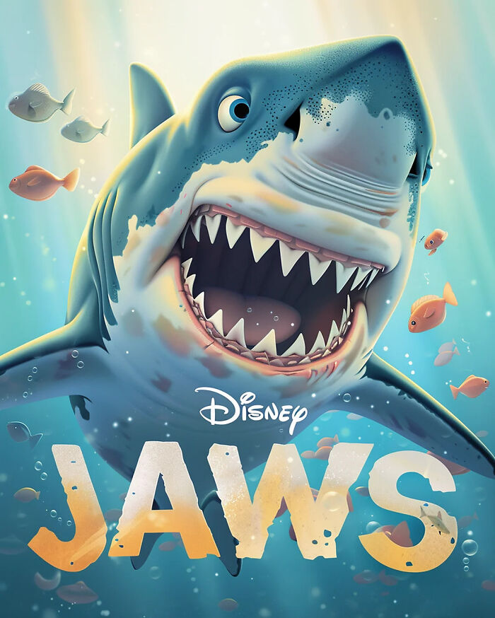 Disney adaptation poster of Jaws with a cartoon shark underwater.