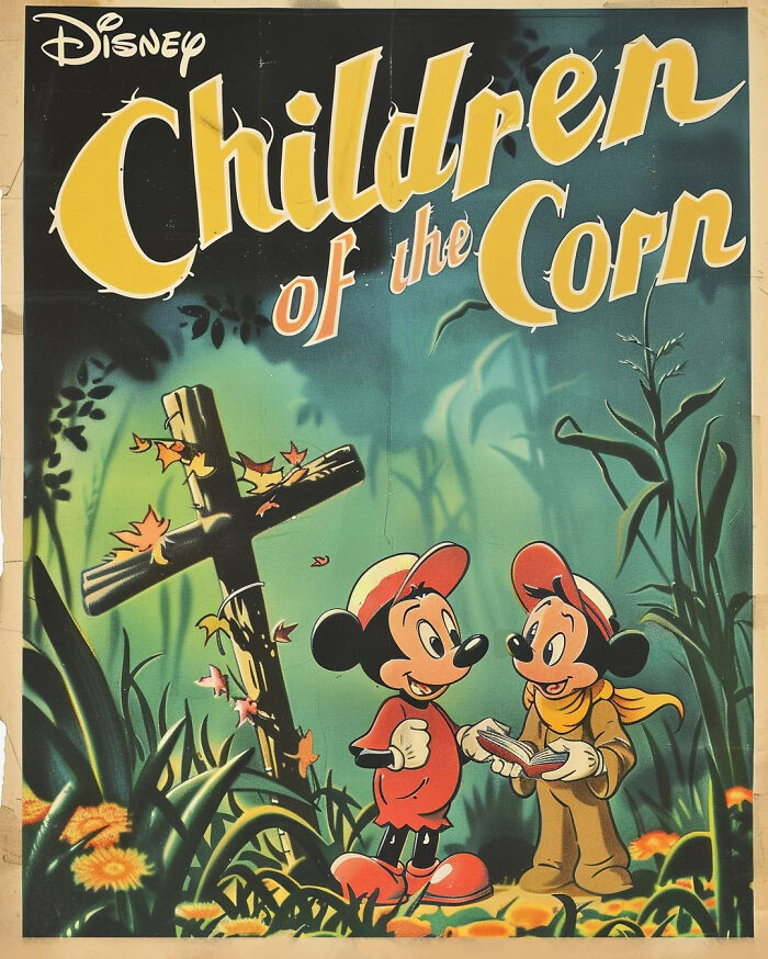 Disney adaptation poster of "Children of the Corn" with Mickey Mouse characters in a cornfield setting.