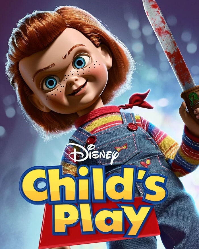 AI-generated Disney adaptation of "Child's Play" poster with cartoonish character holding a bloody knife.