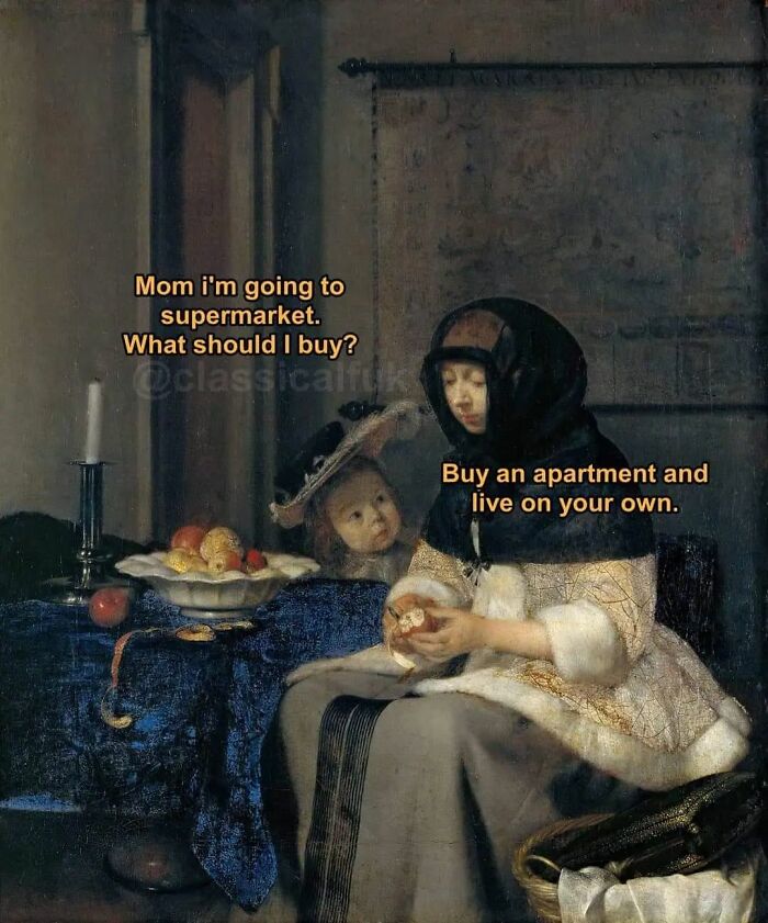 Classical painting with text turned into a relatable meme showing modern conversation.