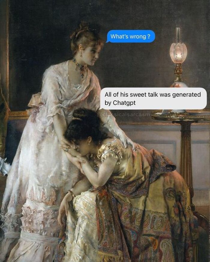 Classic painting transformed into a relatable meme about AI-generated sweet talk, seen on Instagram.