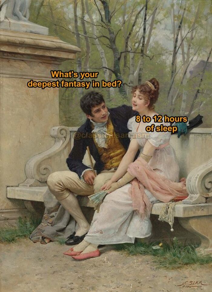 A couple in historical attire sits on a bench with text overlay, humorously discussing relatable sleep fantasies.