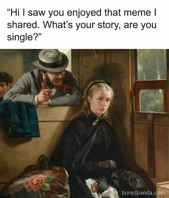 Victorian painting turned meme; man leans in to talk to a woman in a train compartment.