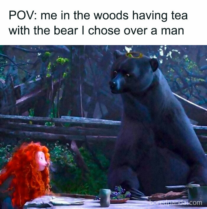 Disney meme of a girl having tea with a bear in the woods, humorous caption above.