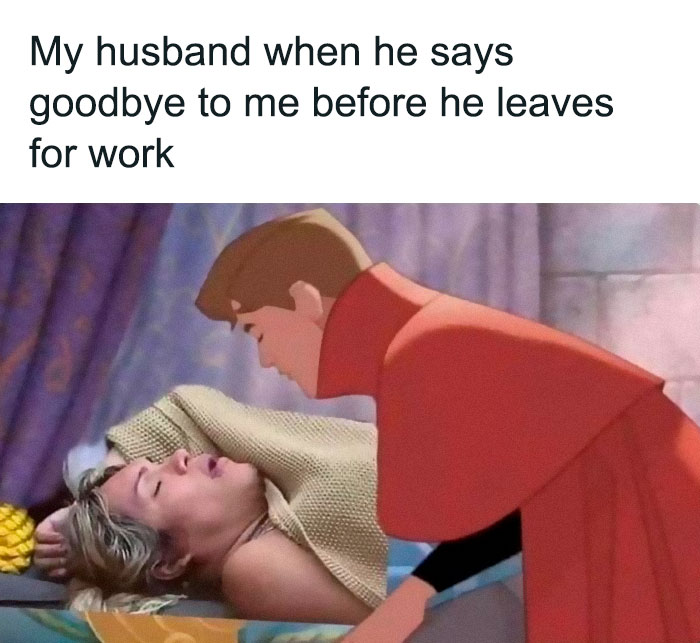 Prince leaning over sleeping woman; Disney Adults meme humor.