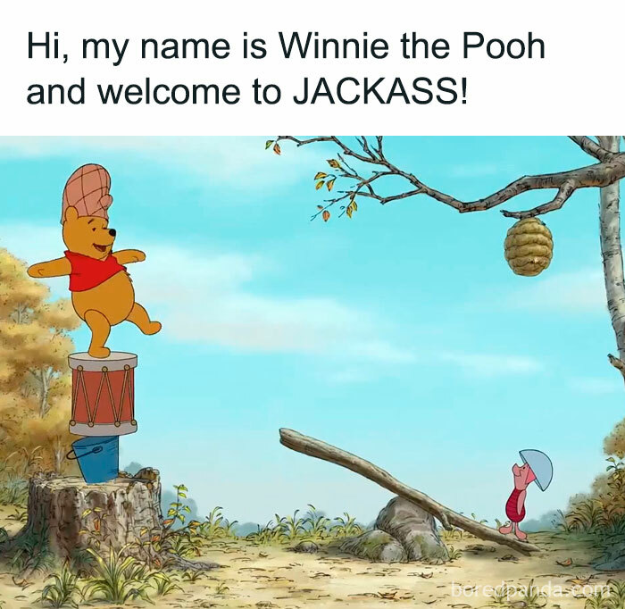 Winnie the Pooh balancing on a drum in a humorous setting, engaging Disney meme for fans and casual viewers.
