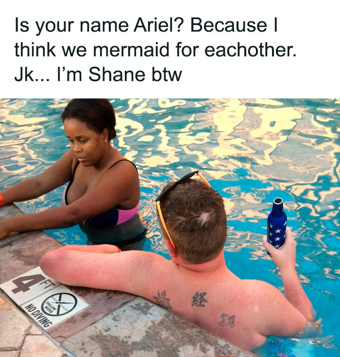 Two people at a pool with a humorous message, highlighting Disney adult memes.