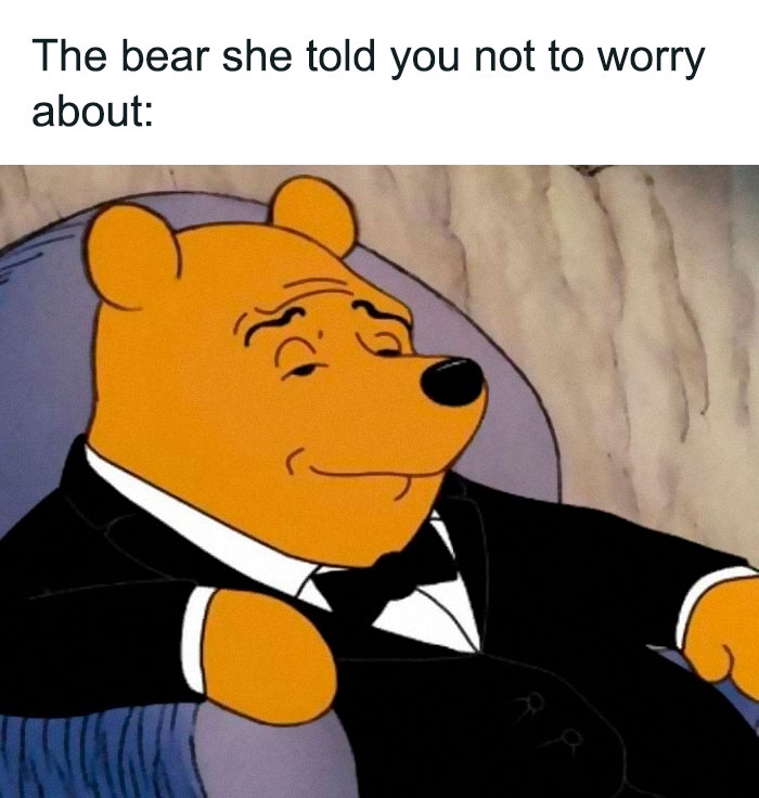 Sophisticated cartoon bear meme in a tuxedo, captioned humorously for Disney adults.