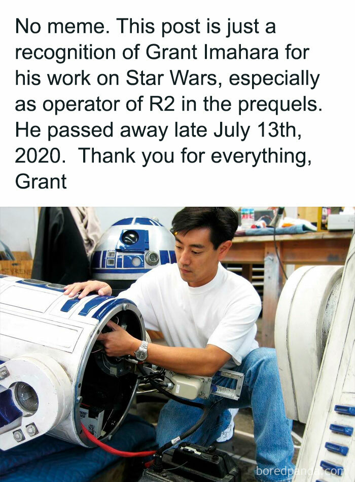A person working on a Star Wars R2-D2 model, tribute text above honoring their contributions.