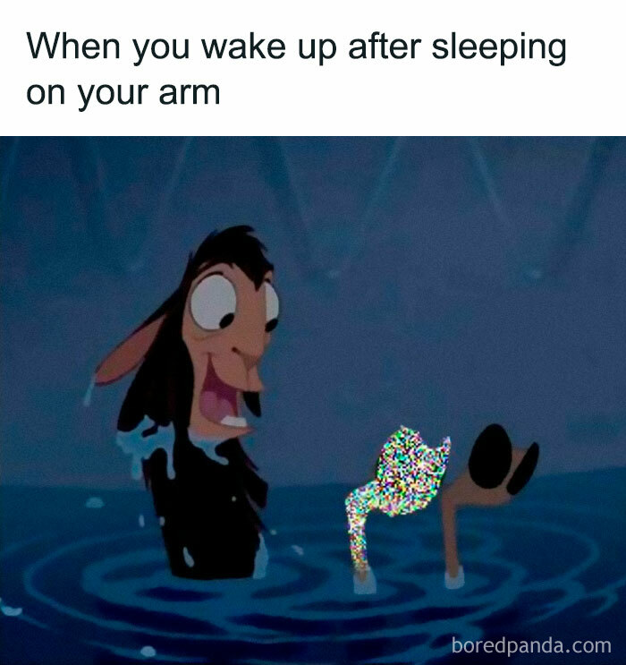 Disney meme showing a cartoon character in water, arm paralyzed, with caption about waking up after sleeping on arm.