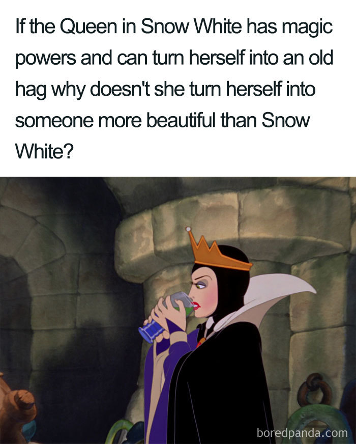 Disney meme showing the Queen from Snow White drinking a potion, with humorous text questioning her choices.