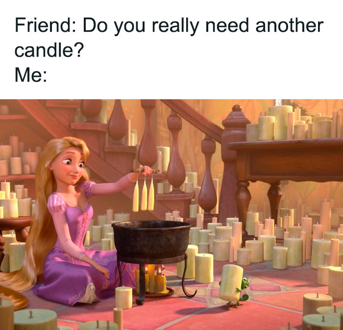 Rapunzel surrounded by candles, humorously illustrating the need for more, appealing to Disney adults.