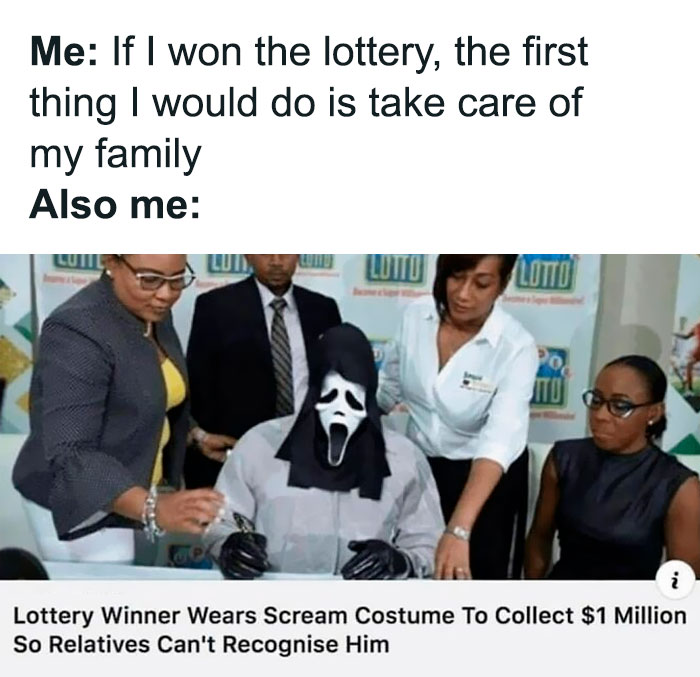 Lottery winner in Scream costume collecting prize to avoid being recognized by family, surrounded by people.