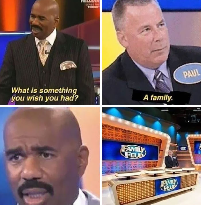 Funny family meme from a game show with humorous contestant answer and host's reaction.