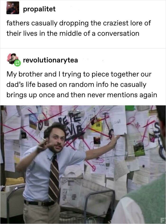 Man gesturing at a homemade conspiracy board, referencing funny family moments.