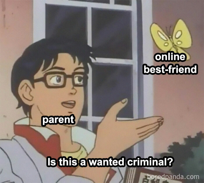 Parent humor meme about family life, depicting a character mistaking an online friend for a criminal.