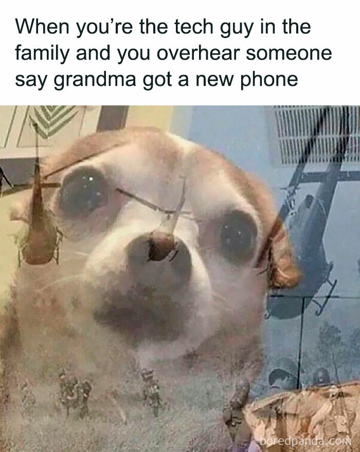 Funny meme of a dog looking anxious with helicopters, capturing family tech struggles humor.