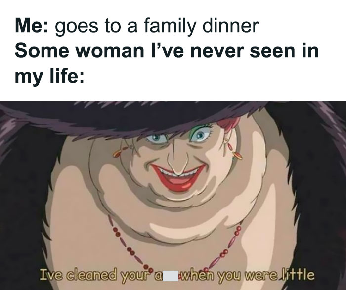 Cartoon illustration of a funny family meme about unexpected encounters at a family dinner.