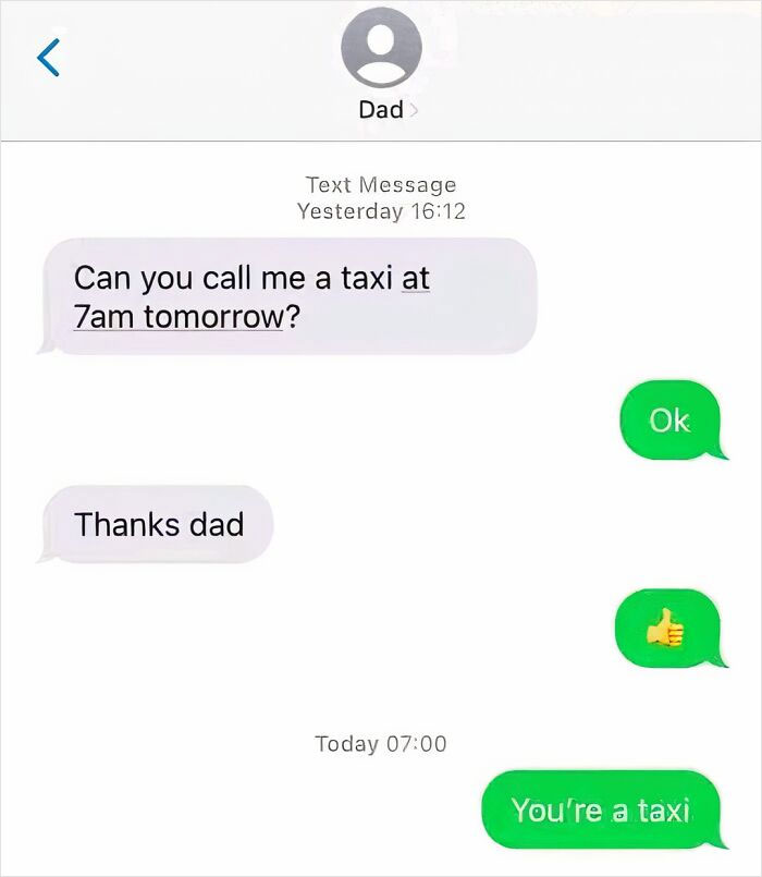 Text exchange with dad about calling a taxi, humorous family meme.
