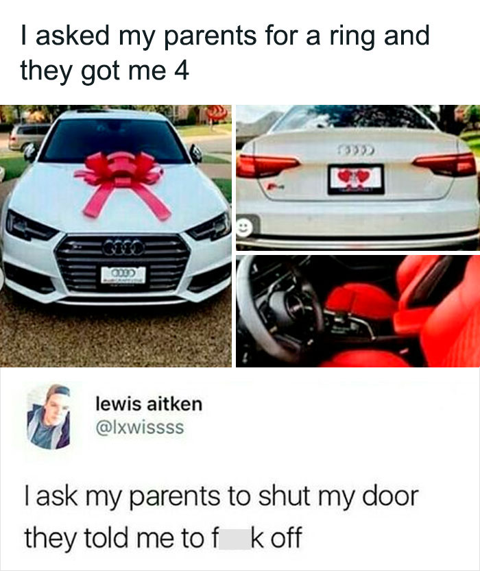 A meme about funny family posts featuring an Audi with a red bow and a humorous tweet about parental responses.
