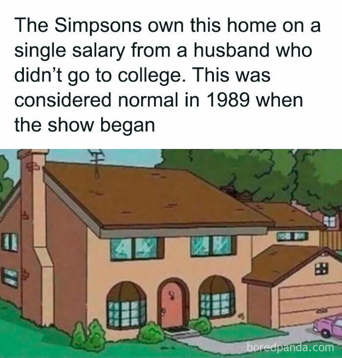 Cartoon house with text about family life and economic norms in 1989 related to a single income household.