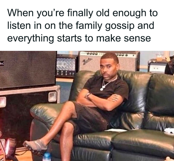 Man sitting on a couch with a humorous caption about understanding family gossip, highlighting funny family moments.