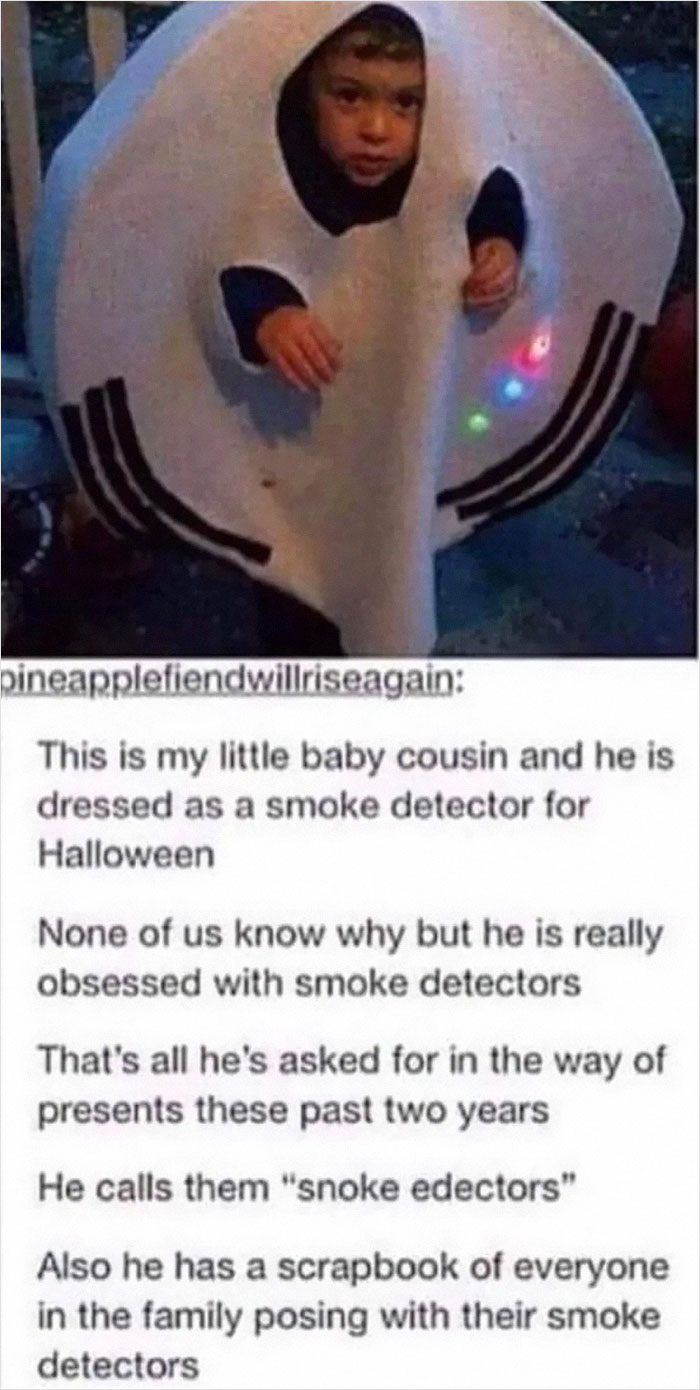 Child dressed as a smoke detector for Halloween, highlighting funny family moments.
