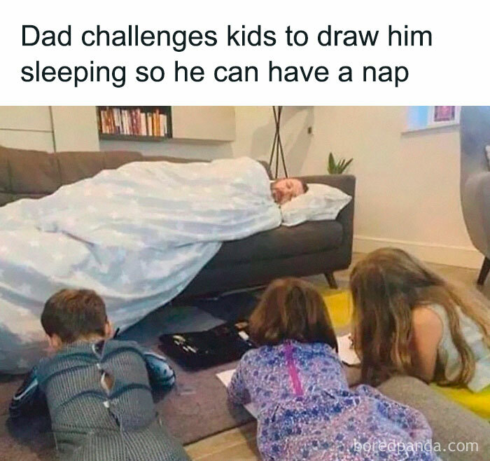 Dad sleeps on couch while kids draw him, illustrating a funny family moment.
