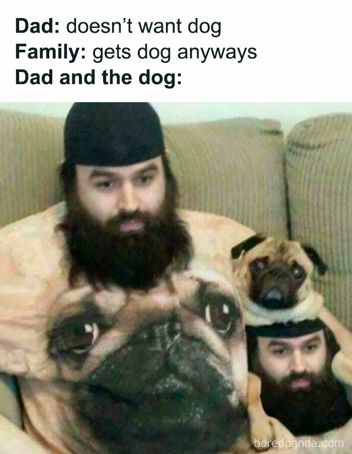 Man with a beard wearing a pug shirt, sitting on a couch with a pug on his shoulder, illustrating a family meme.
