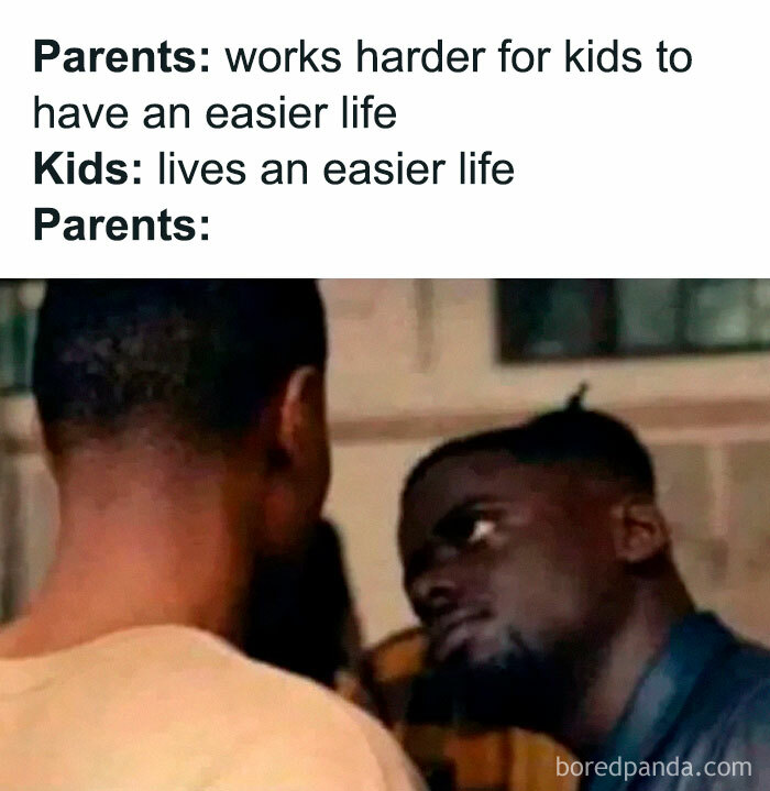 A funny meme about family with a person giving a perplexed look over parenting effort vs kids' easy life.
