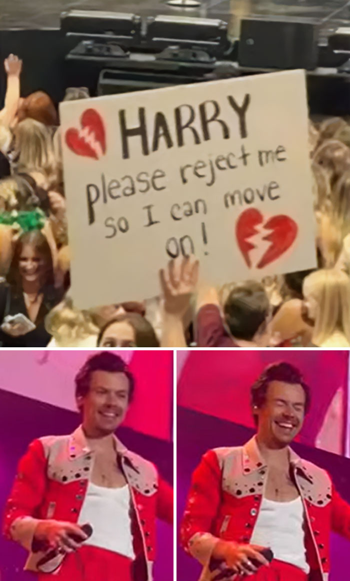Harry Styles Reading Fan's Sign: "Harry, Please Reject Me So I Can Move On"